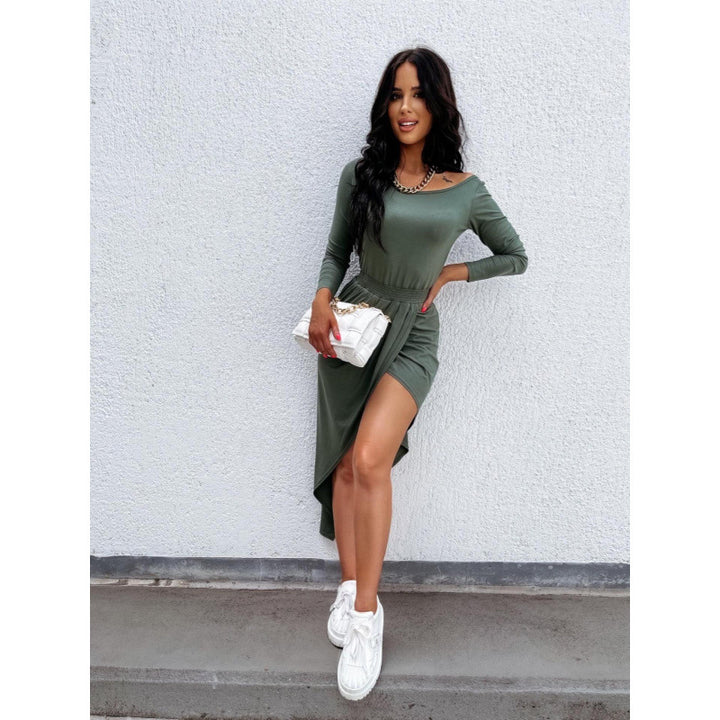 Asymmetrical draped midi dress for ladies Lune London