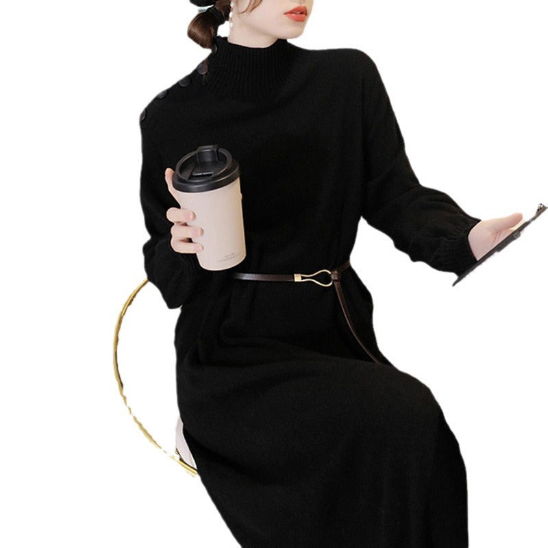 Ladies Elegant maxi knit dress with high collar and decorative buttons Lune London