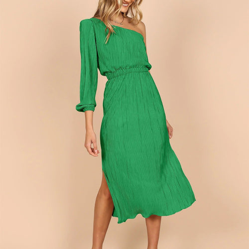 Asymmetrical pleated dress for women with waist belt Lune London