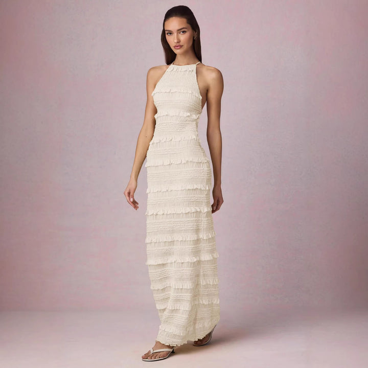 Ladies Maxi Dress with fringed design and elegant halterneck Lune London