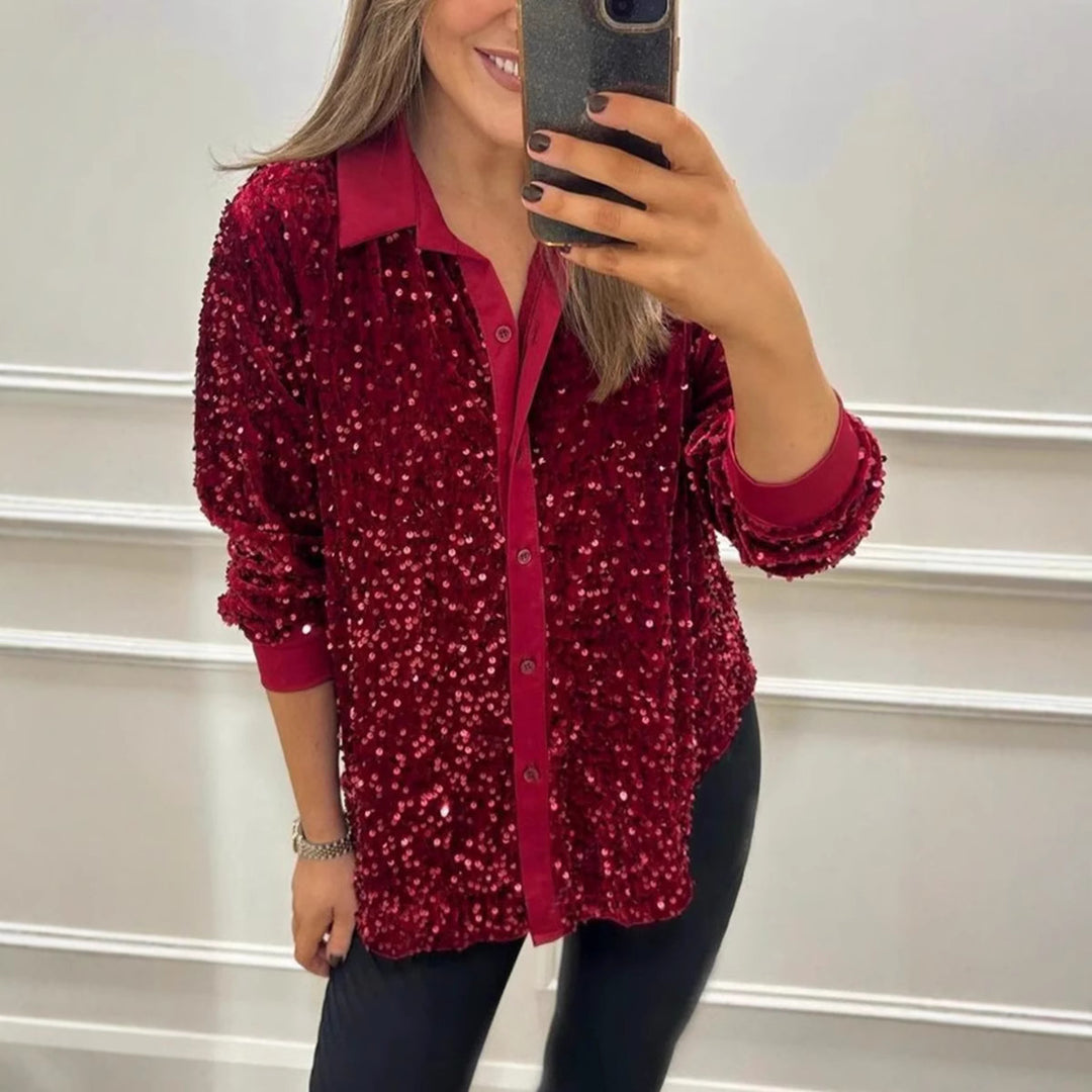 Blouse à sequins glamour pour femmes avec col classique et manches longues Chic & Stil