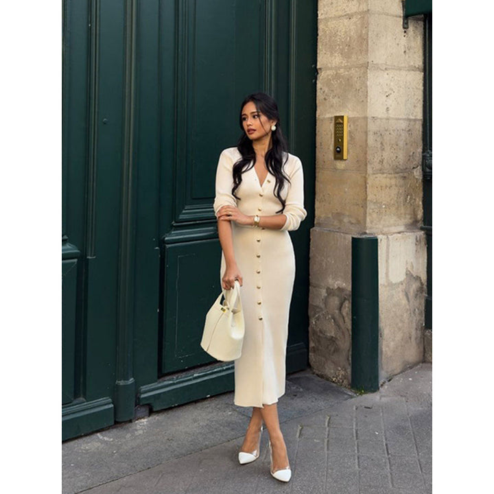 Knit dress for women with buttoning and chic belt detail Lune London