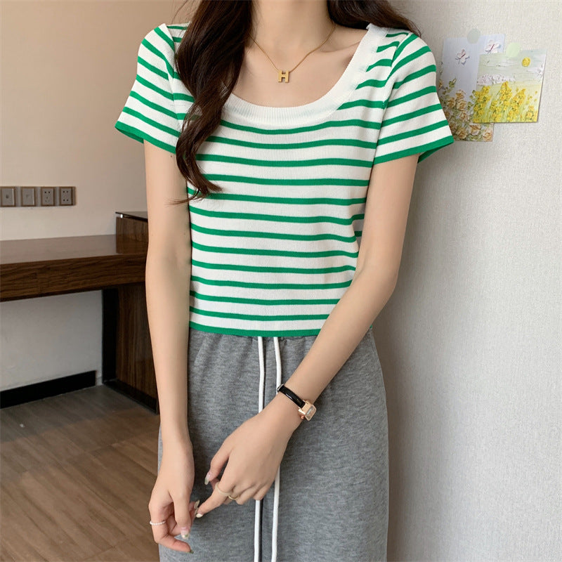 Women's cropped striped top with modern knot design and elastic hem Lune London