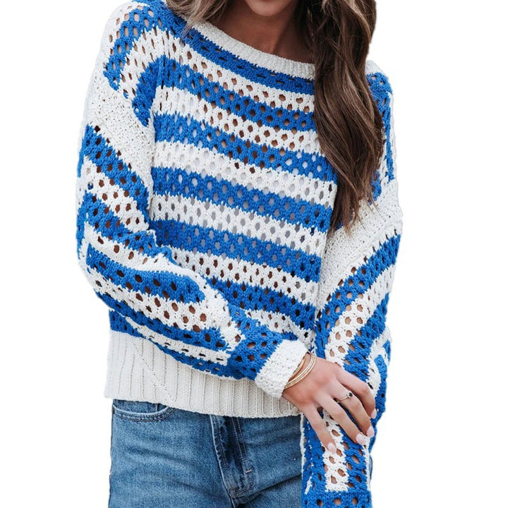 Knitted airy sweater for women with a large diamond pattern and a striped design Lune London