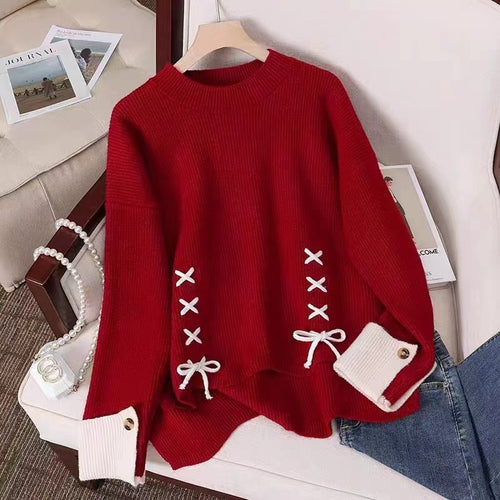 Casual knitted sweater for women with decorative knot and button details Lune London