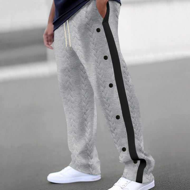 Casual cargo pants for men with side snap buttons and modern textile textures Lune London