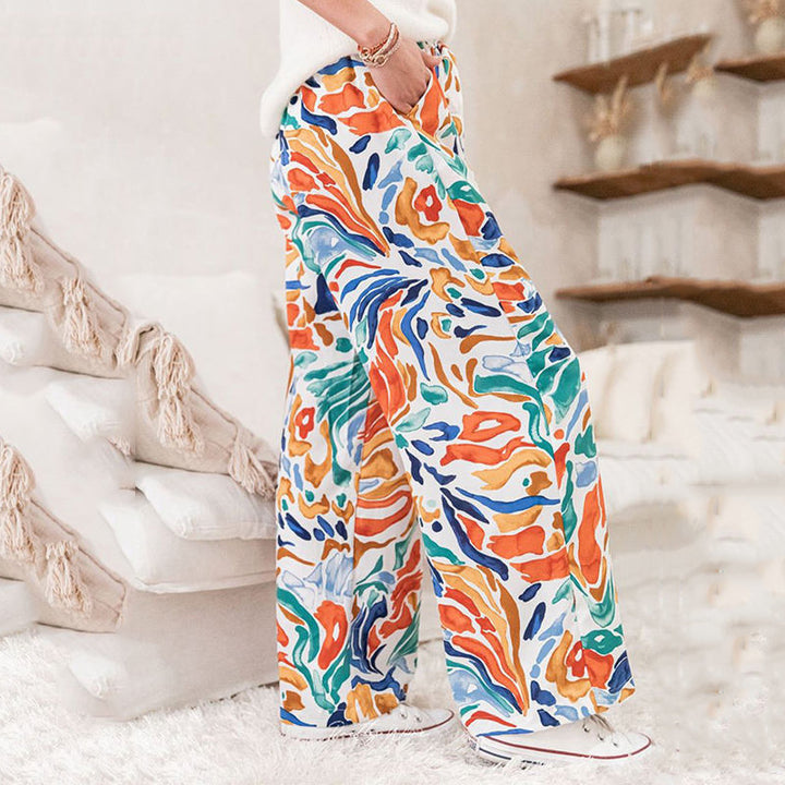 Wide palazzo pants for women with colorful pattern and elastic waist Lune London