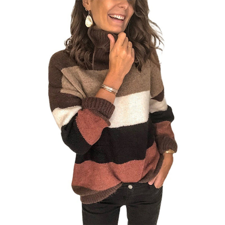 Ladies thick knit sweater with high collar and striped design Lune London