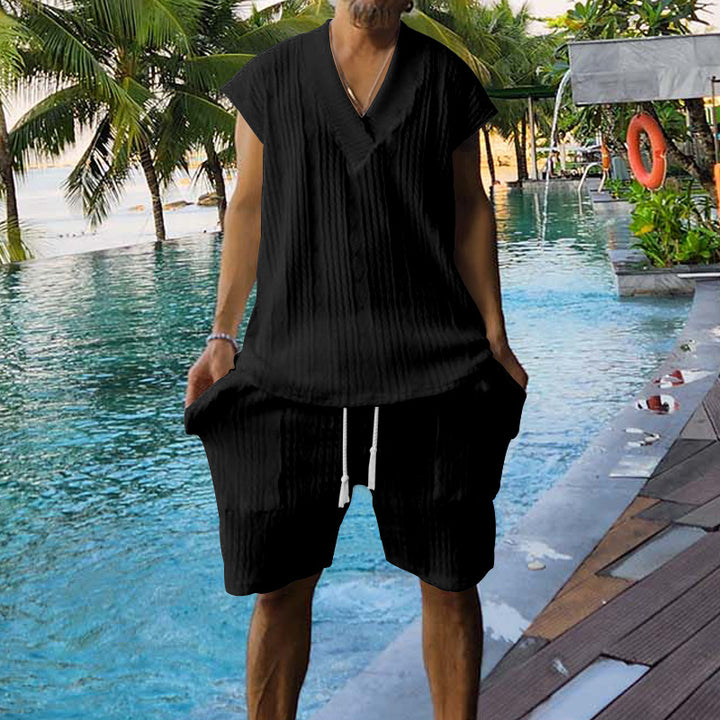 Casual set for men with short sleeve top and shorts featuring structured design Lune London