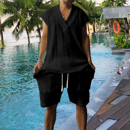 Casual set for men with short sleeve top and shorts featuring structured design Lune London