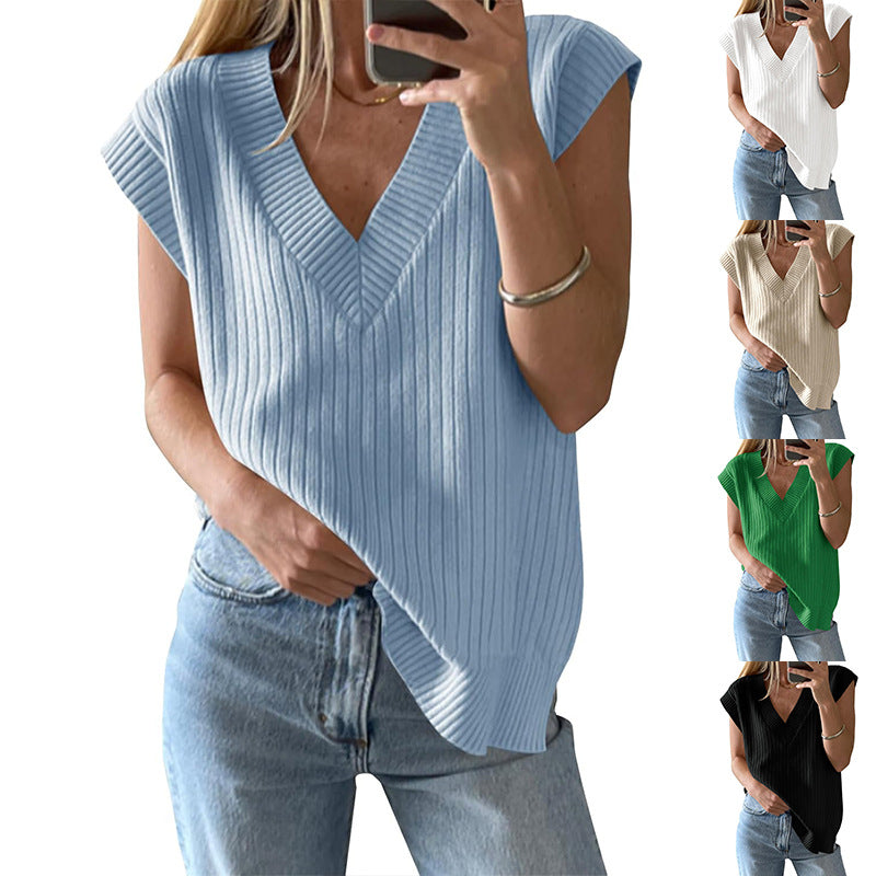 Women's Casual V-Neck Top Made of Ribbed Knit Material Lune London
