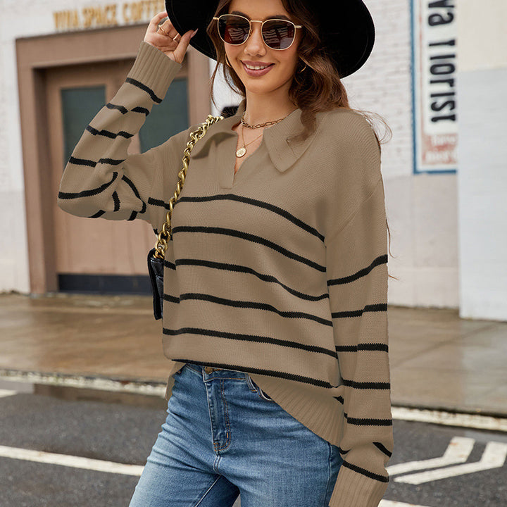 Casual sweater for ladies with a modern V-neckline and a chic striped pattern.