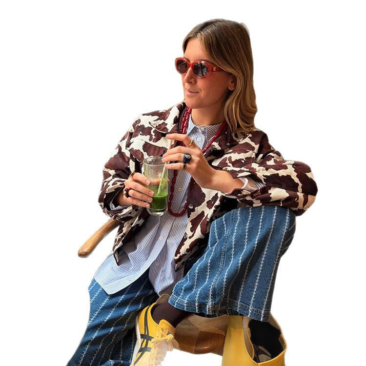 Faux leather jacket for women with a modern design in cow print Lune London