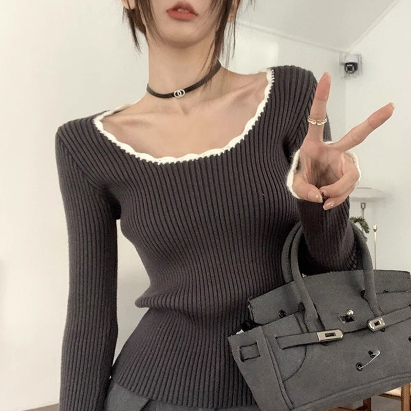 Women's Form-Fitting Knit Top with Creative Neckline