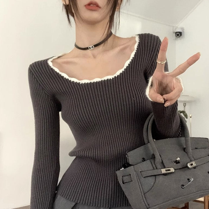 Women's Form-Fitting Knit Top with Creative Neckline