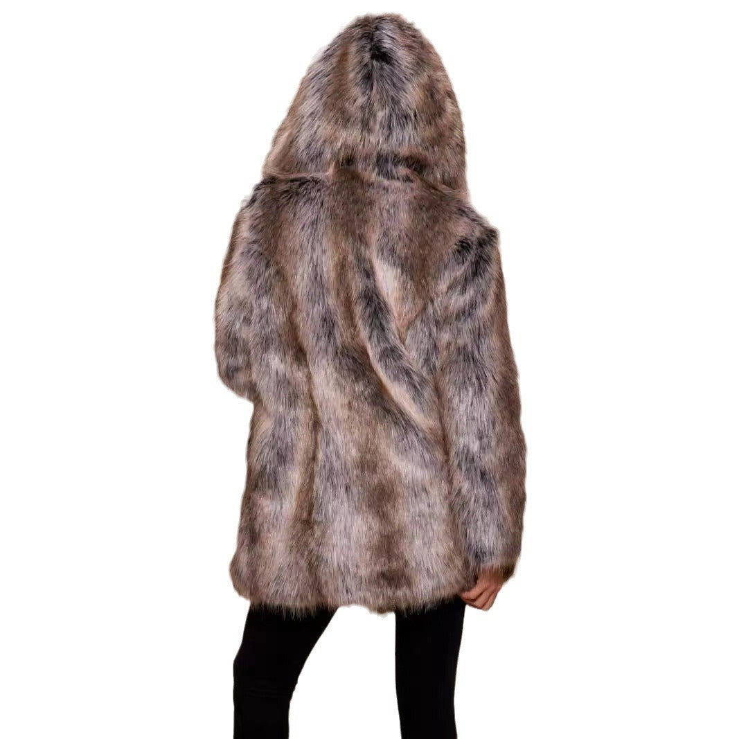 Ladies Luxurious Faux Fur Coat with Hood Lune London