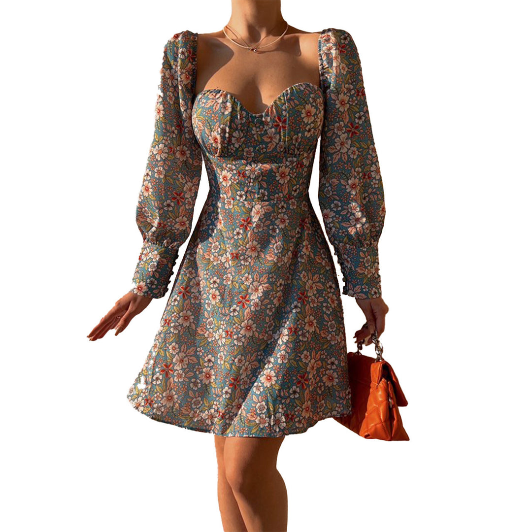 Women Puff Sleeve Dress with Romantic Floral Pattern and Heart-Shaped Neckline