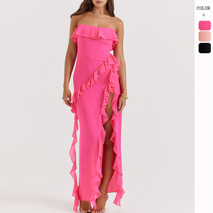 Maxi dress for women with off-shoulder ruffles and slit Chic & Stil