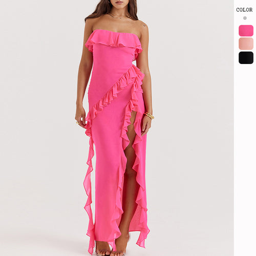 Maxi dress for women with off-shoulder ruffles and slit Chic & Stil