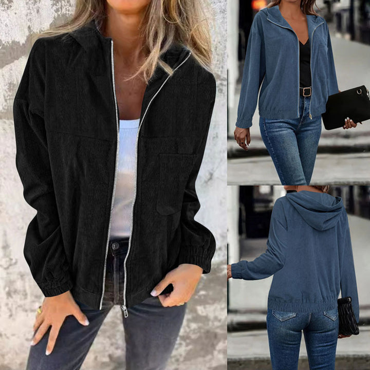 Cropped hooded jacket for women in high-quality corduroy fabric with practical pockets and elastic cuffs Lune London