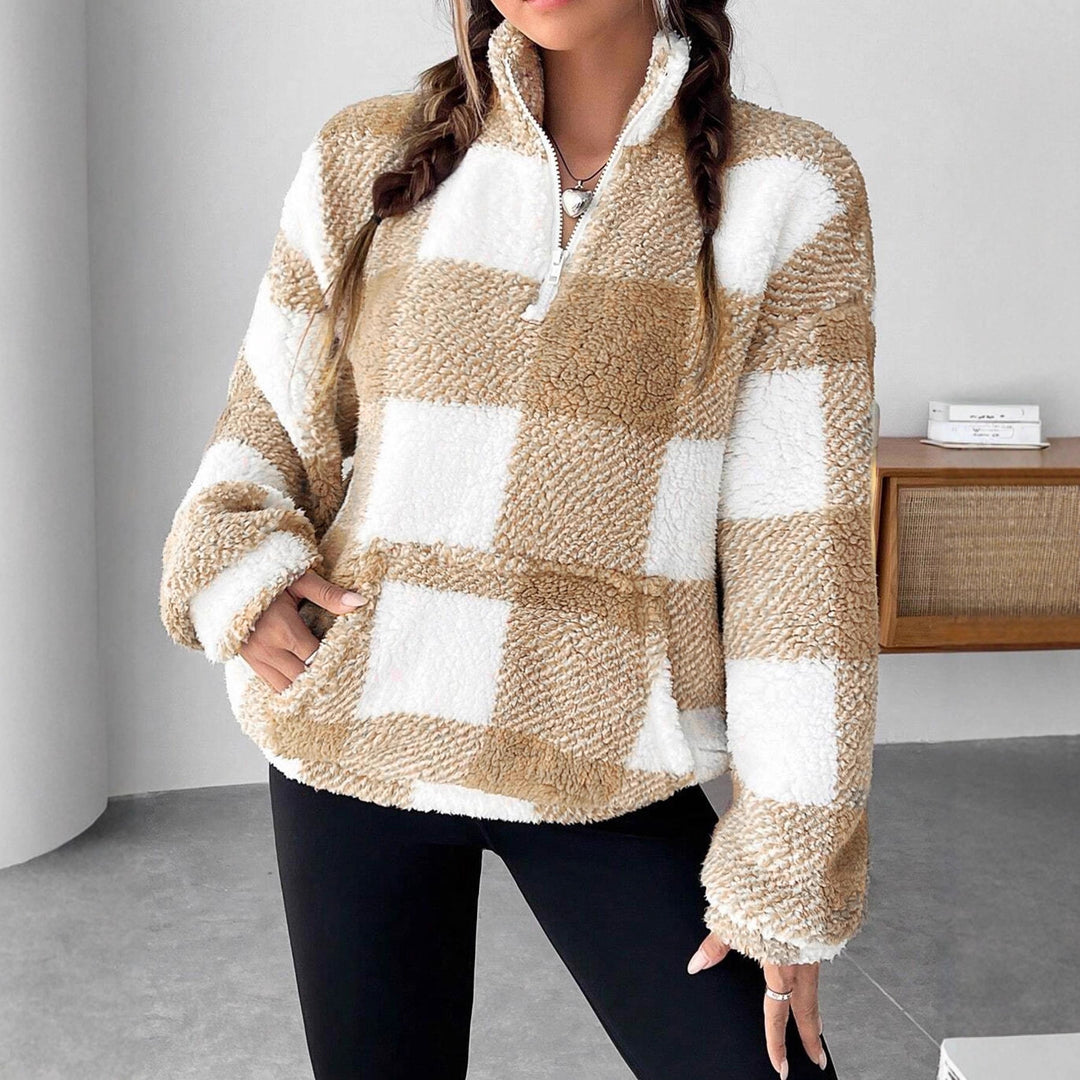 Ladies Plush Tartan Sweater with Half Zip Lune London