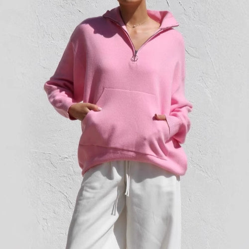 Women Oversized sweater with half-zip and kangaroo pocket Lune London