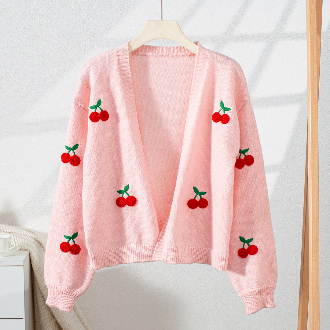 Ladies' cozy knitted cardigan with cherry-inspired appliqués Lune London