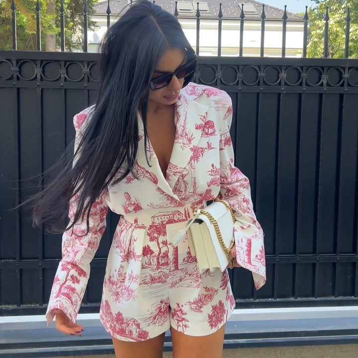 Ladies Chiffon Jumpsuit with botanical pattern and fitted cut Lune London