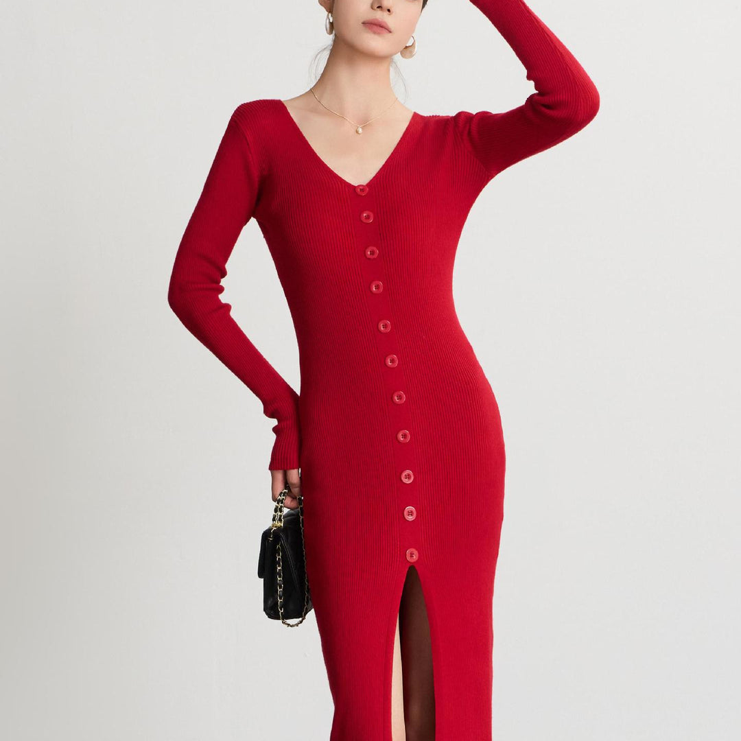 Robe en maille pour femme avec décolleté en V et boutonnage continu Chic & Stil