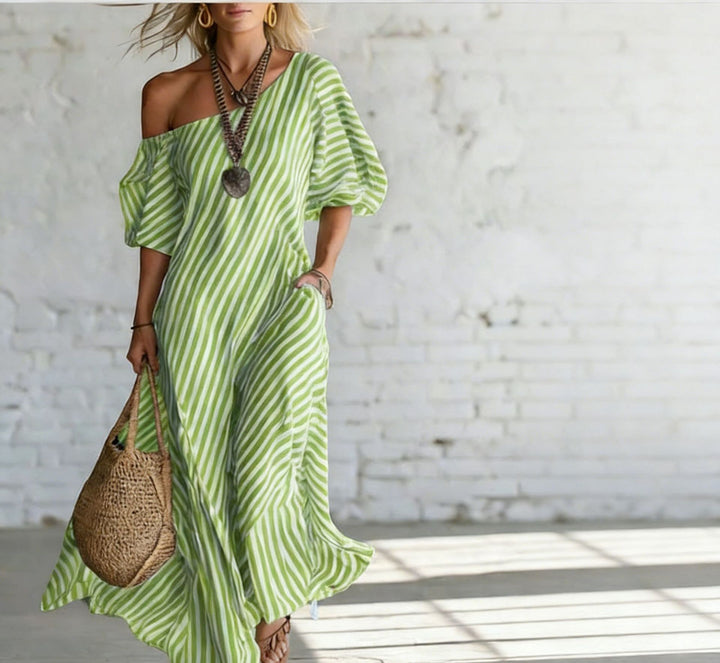 Women's maxi dress with asymmetric cut and striking stripes Lune London