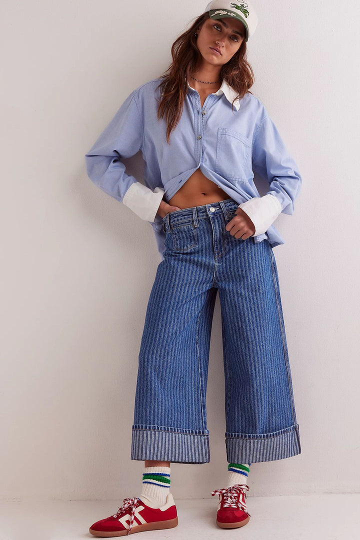 Ladies elegant wide-cut jeans with sewn-on stripes Lune London