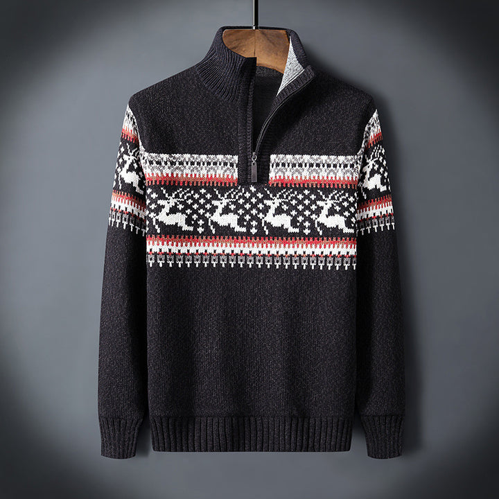 Lune London | Winter pullover for men - warm knitted pullover with half zipper & Scandinavian reindeer pattern