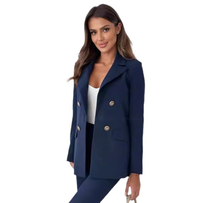 Women Elegant Double-Breasted Blazer with Gold Buttons and Modern Cut Lune London