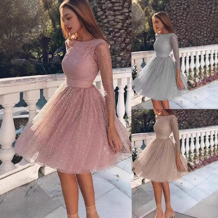 Women Glittering Tulle Dress with Long Sleeves and Swinging Skirt Lune London