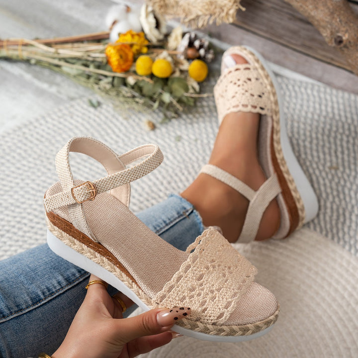 Wedge sandals for women with floral crochet pattern and anti-slip sole Lune London