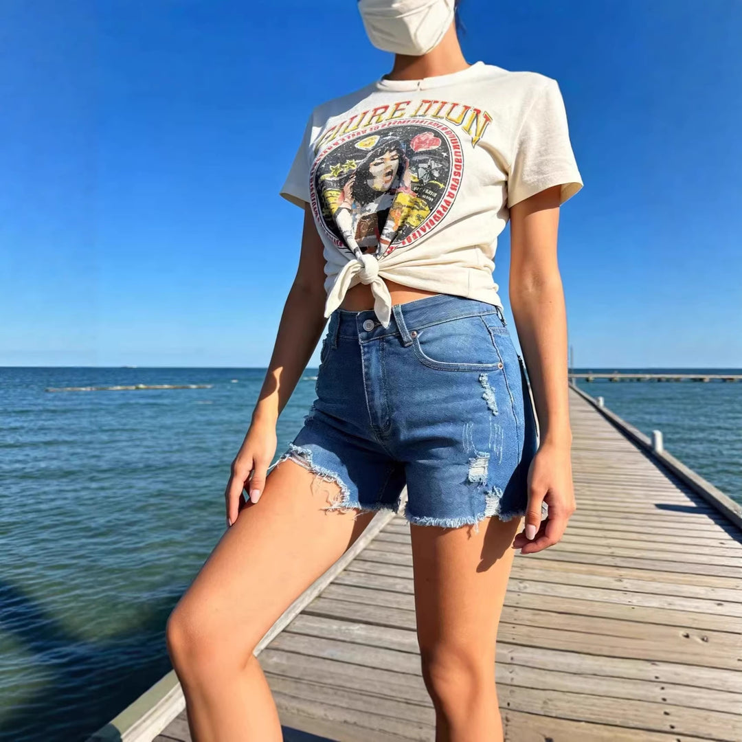 Women's Destroyed Denim Shorts with Frayed Hem and Stylish Ripped Details Lune London