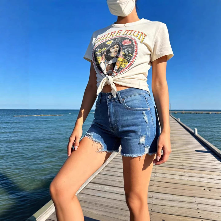 Women's Destroyed Denim Shorts with Frayed Hem and Stylish Ripped Details Lune London