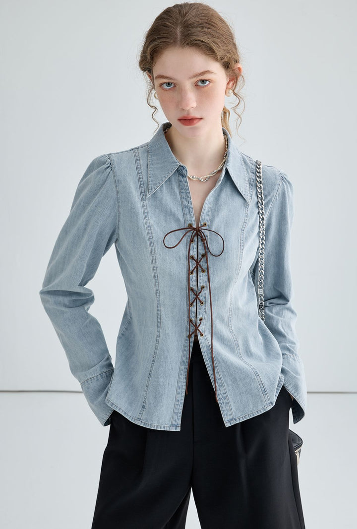 Women's denim blouse with lace neckline and elegant puff sleeves Chic & Stil