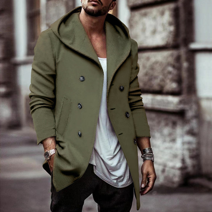 Elegant men's hoodie coat with double row of buttons and wide collar Lune London