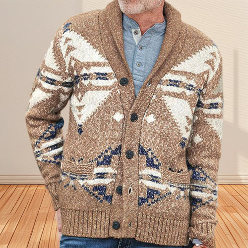 Knit jacket for men with a unique geometric pattern and a deep collar Lune London