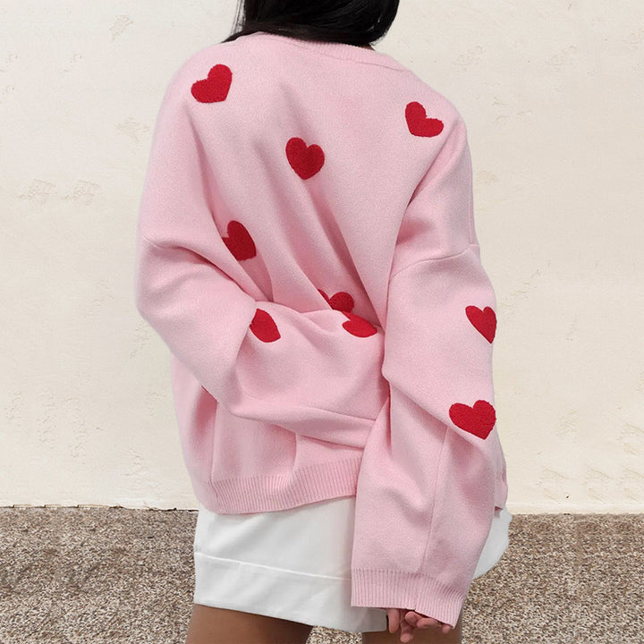 Ladies Comfortable Sweater with Chic Heart Pattern and Style