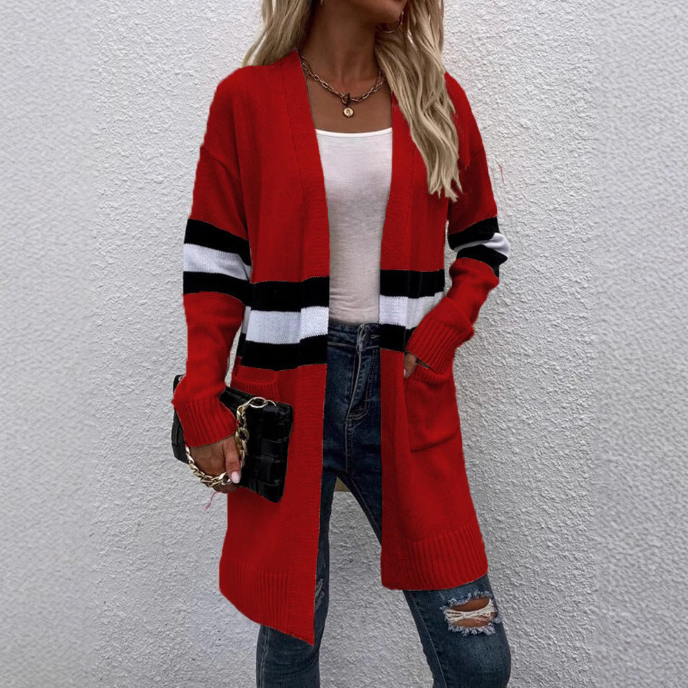 Fashionable striped knit cardigan for women with open front Lune Londonl