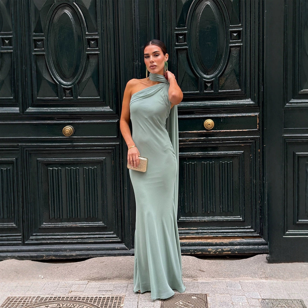 Women's Elegant, One-Sided Strapless Maxi Dress with Flowing Fabric and Chic Neck Scarf Lune London