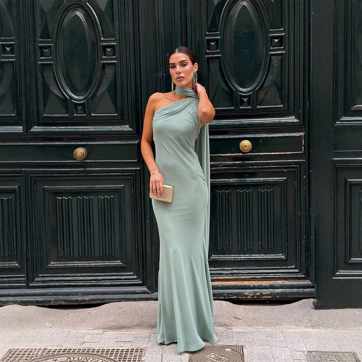 Women's Elegant, One-Sided Strapless Maxi Dress with Flowing Fabric and Chic Neck Scarf Lune London
