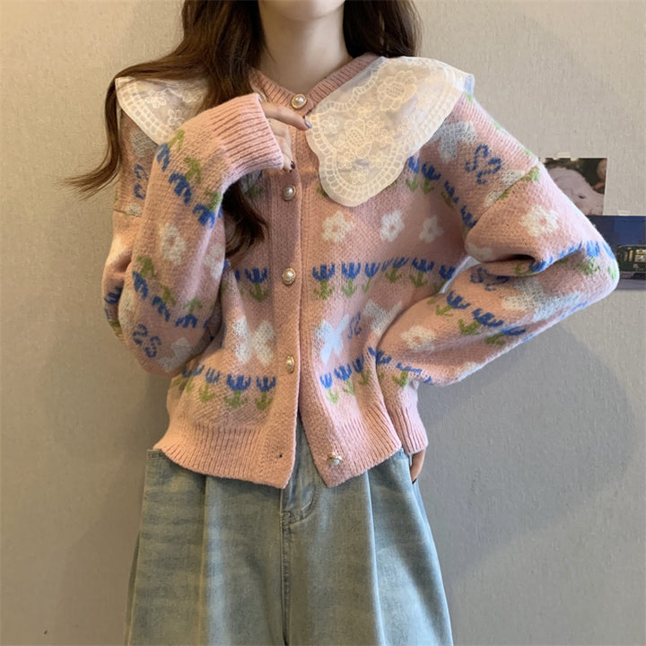 Ladies fashion cardigan with lace collar and floral design Lune London