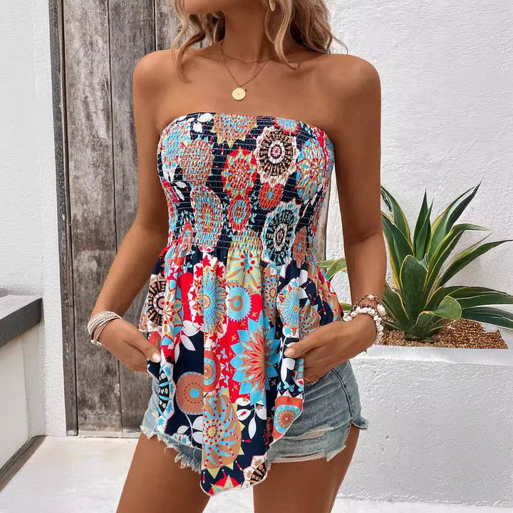 Ladies printed bohemian smocked top without straps Lune London