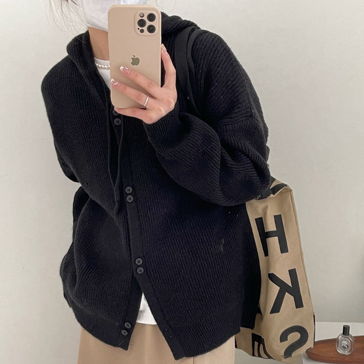 Casual knitted jacket for women with hood and button details Lune London