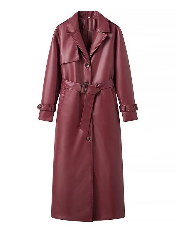 Women's faux leather trench coat with adjustable waist belt and chic collar Lune London