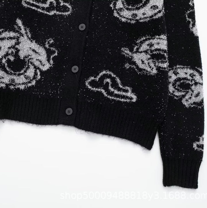 Knit jacket for women with a unique dragon pattern and button closure Lune London
