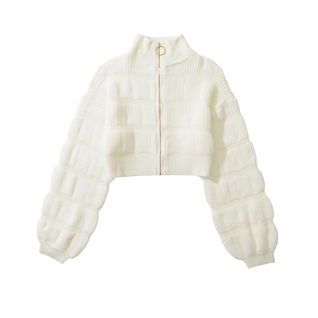 Cropped knitted jacket for ladies with decorative zipper and voluminous sleeves Lune London